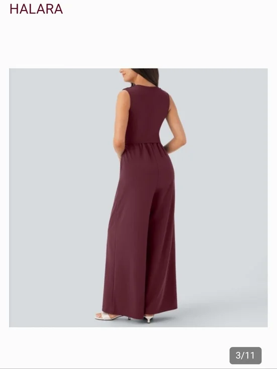 HALARA Sleeveless V-Neck Wide-Leg Ruched Pocket Jumpsuit Zinfandel Burgundy Easy - Picture 16 of 16